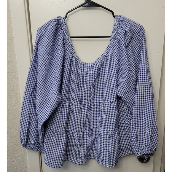 Old Navy Tiered Seersucker Long Sleeve Swing Top Size Medium Plaid Blue White - Picture 4 of 9